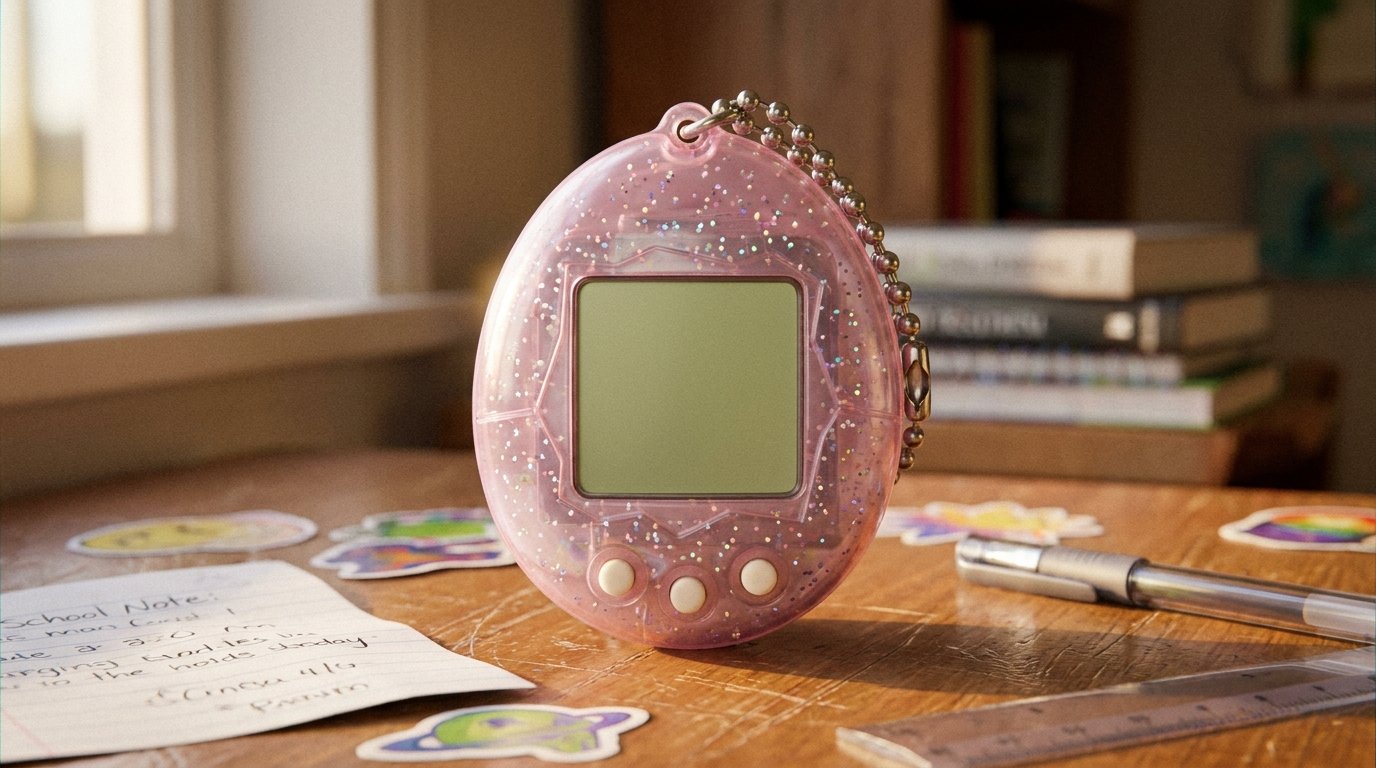 a pink 1997 egg toy on a school desk